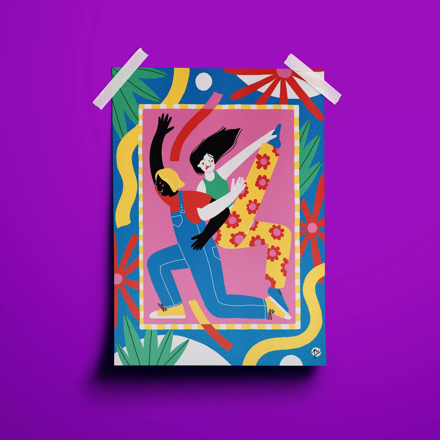 Illustration Cool Kids de Perrine Honoré accrochée à un murmontrant deux personnages colorés dansants sur fond rose